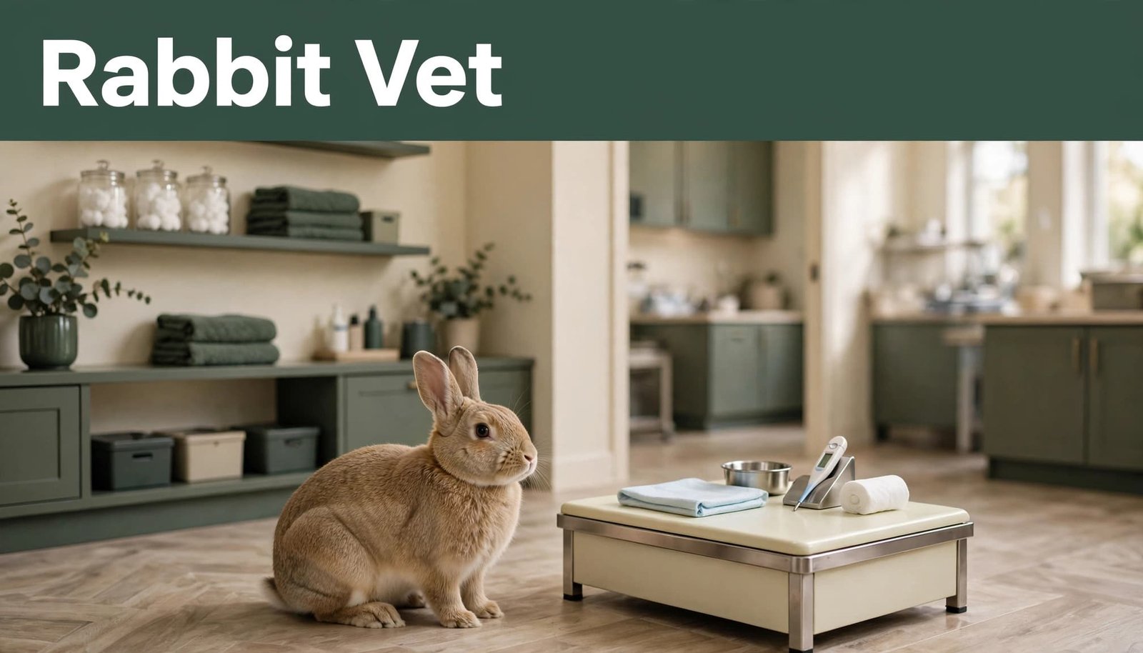 A calm rabbit sits beside an examination table in a bright veterinary clinic.