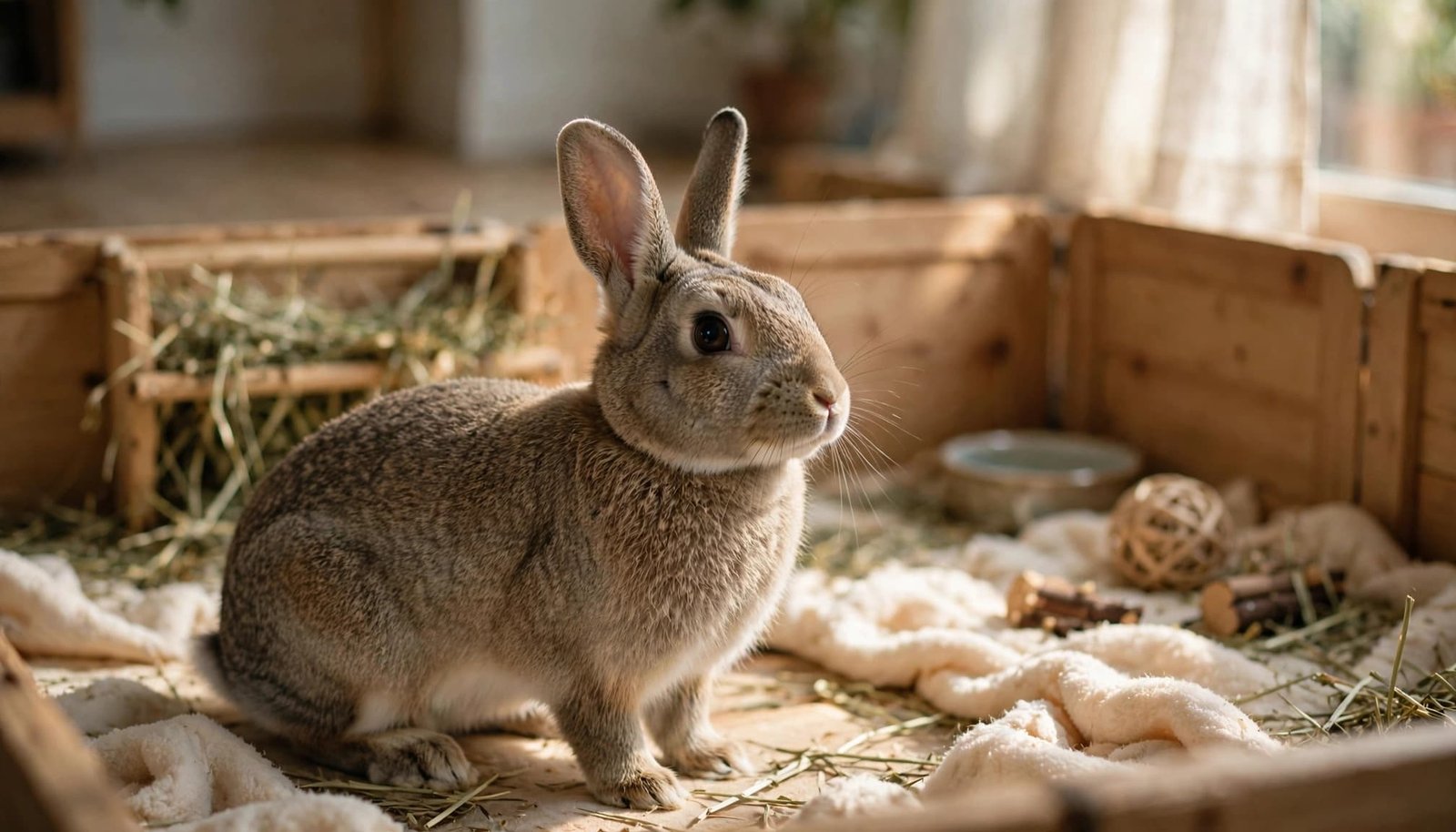 An alert rabbit stands on soft bedding beside a hay rack.