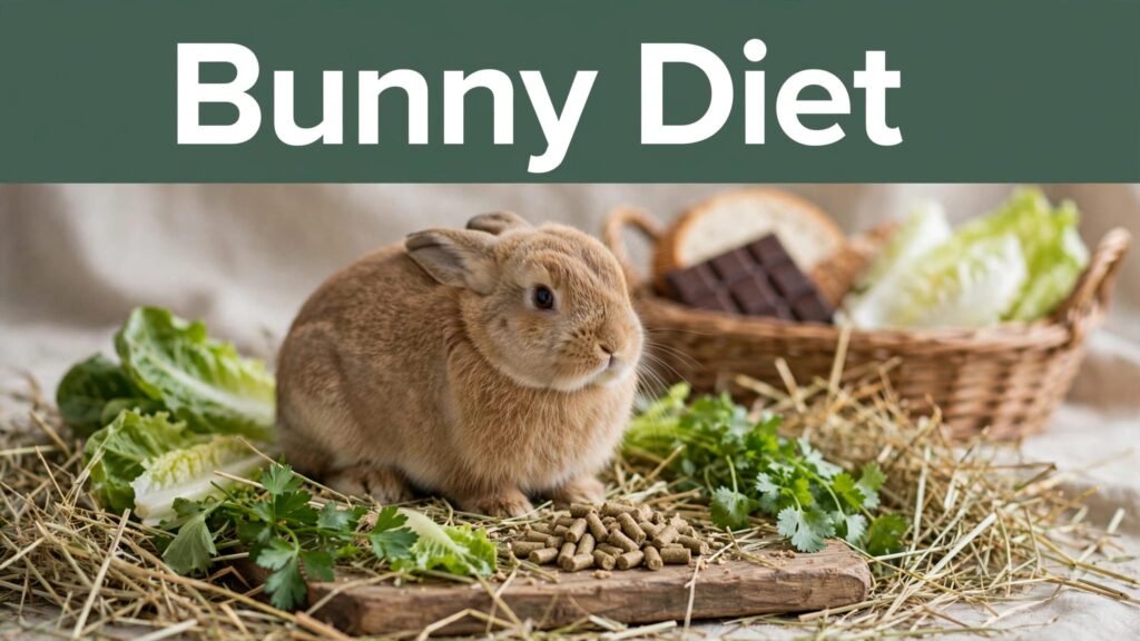 A brown rabbit sits beside hay, greens, pellets, and a basket of unsafe foods.