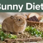 A brown rabbit sits beside hay, greens, pellets, and a basket of unsafe foods.