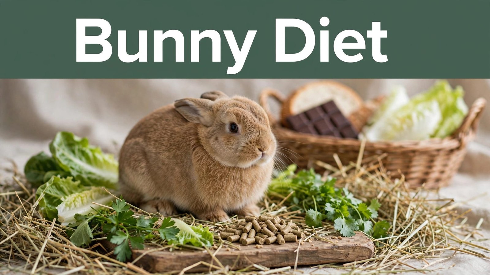 A brown rabbit sits beside hay, greens, pellets, and a basket of unsafe foods.