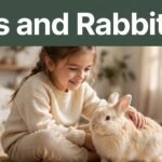 A girl pets a cream-colored rabbit in a sunlit living room.