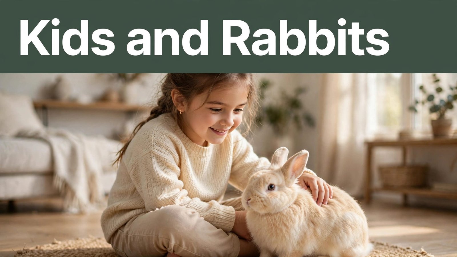 A girl pets a cream-colored rabbit in a sunlit living room.