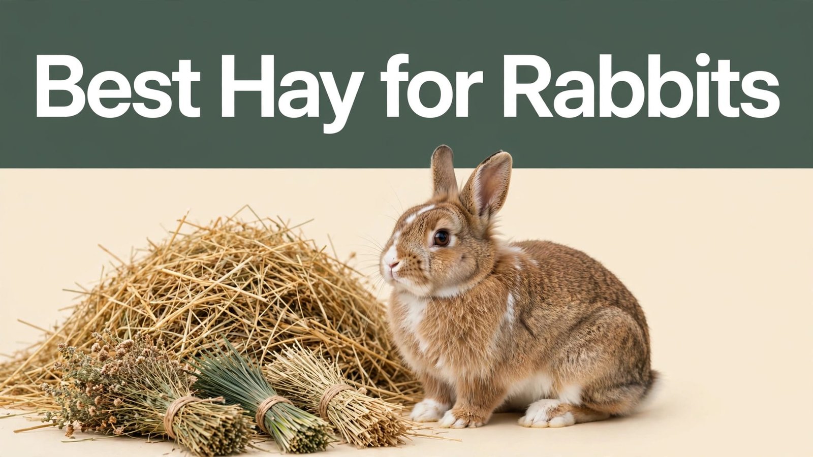 Brown-and-white rabbit beside piles of timothy, orchard grass, and meadow hay.