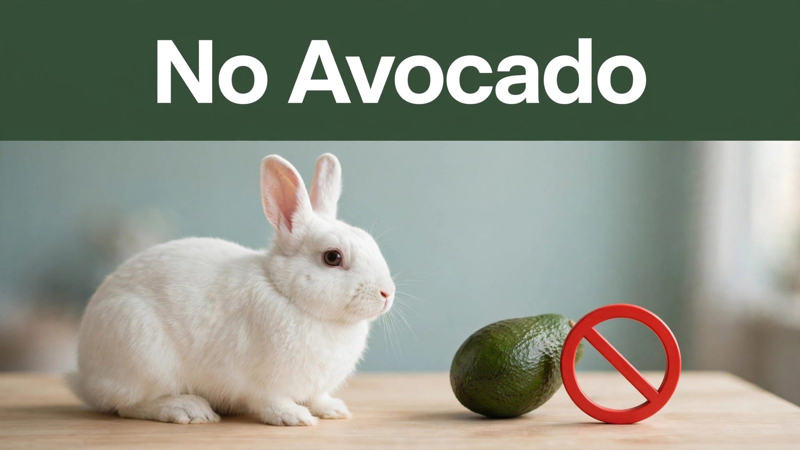 A white rabbit beside an avocado and red no symbol on a wooden table.