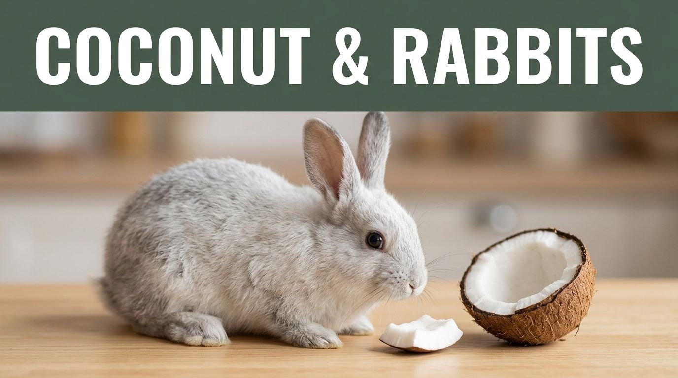 Gray-white rabbit beside coconut meat and a coconut shell on a wooden table.