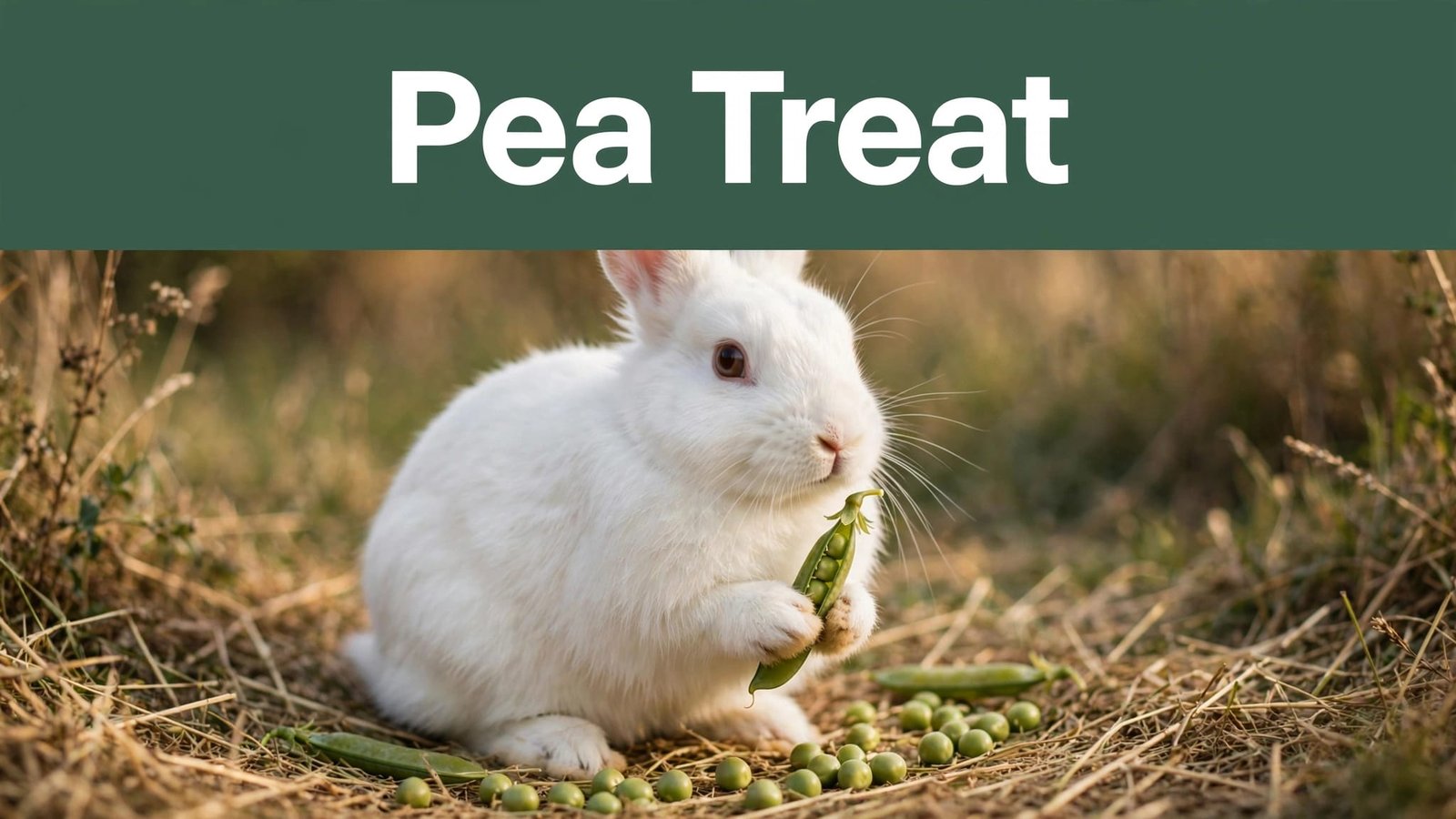 A white rabbit holds a pea pod on hay beneath a green header.