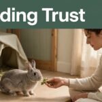 A shy gray rabbit approaches a person offering a leafy treat indoors.