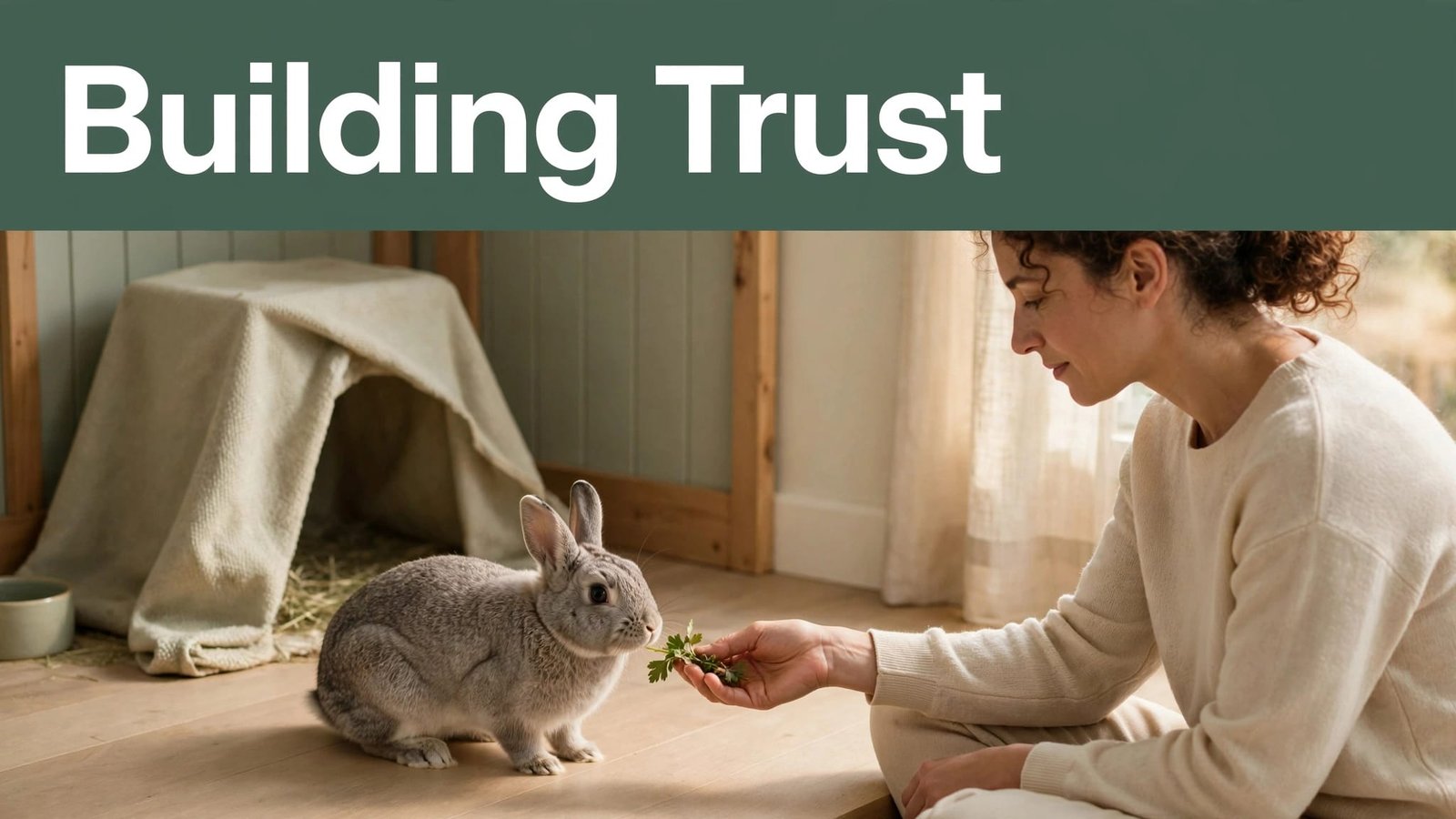 A shy gray rabbit approaches a person offering a leafy treat indoors.
