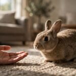 A rabbit rests on a rug near a relaxed, open hand.