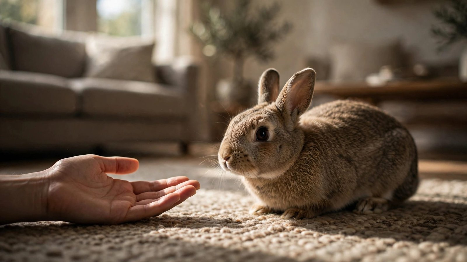 A rabbit rests on a rug near a relaxed, open hand.