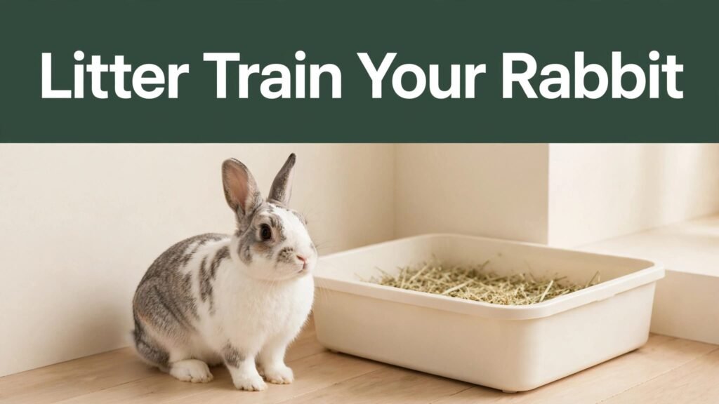 A white-and-gray rabbit sits beside a hay-filled litter box.