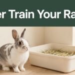 A white-and-gray rabbit sits beside a hay-filled litter box.