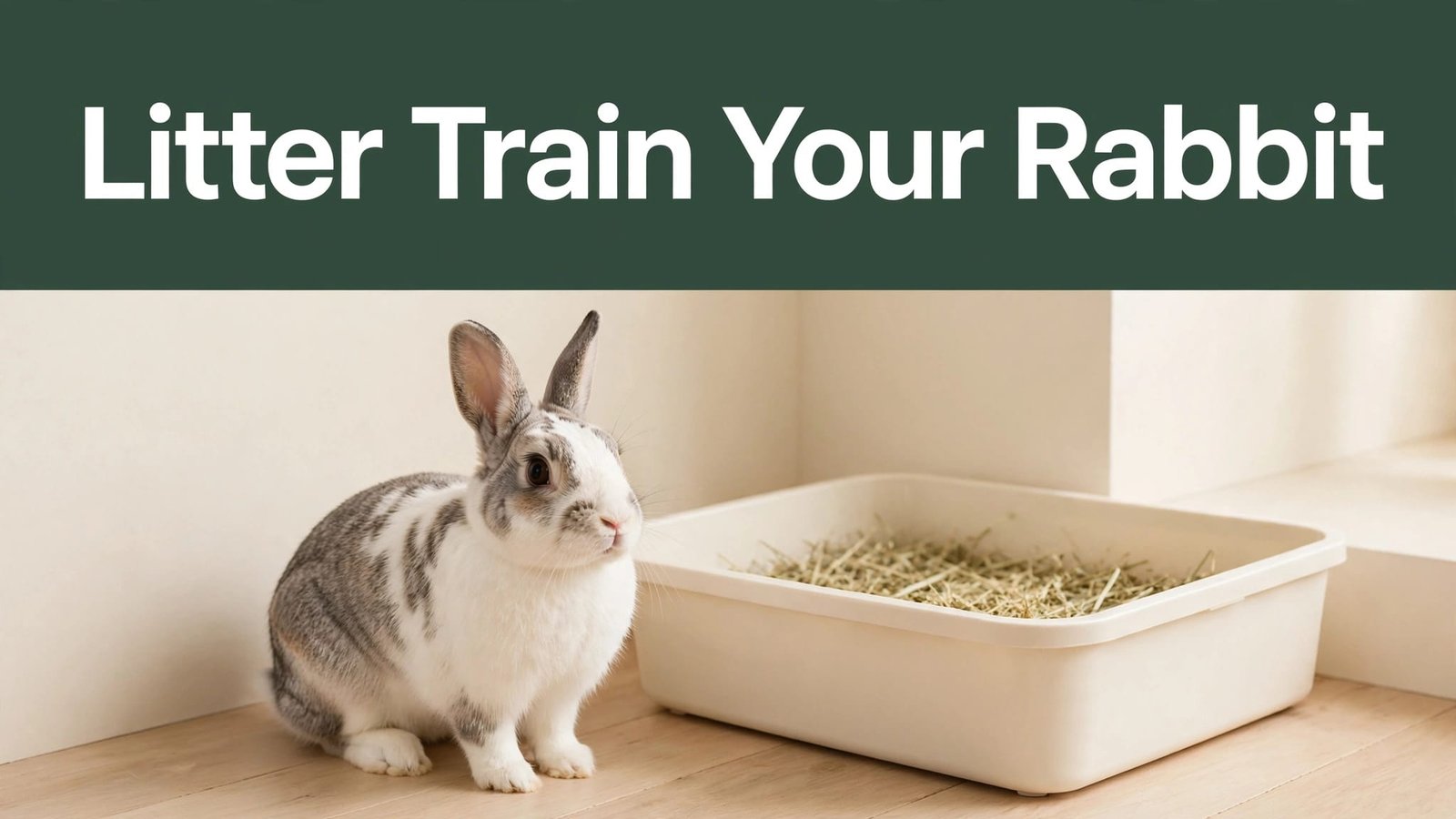 A white-and-gray rabbit sits beside a hay-filled litter box.
