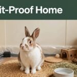 A rabbit sits in a safe living room with toys, hay, water, and covered cords.