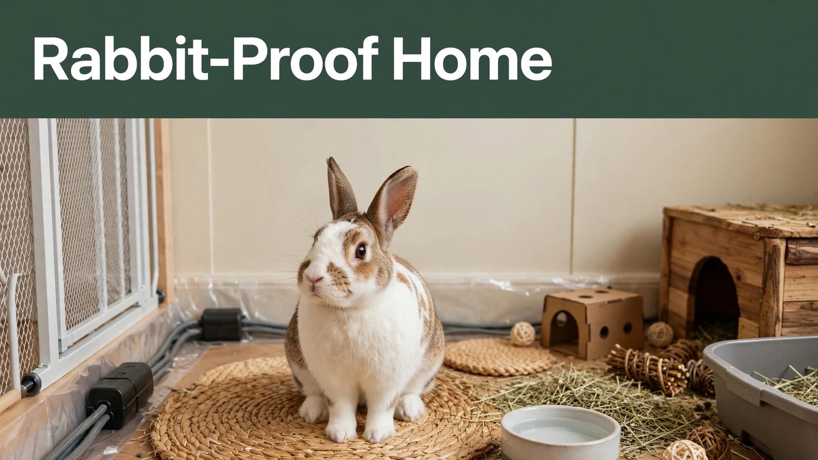 A rabbit sits in a safe living room with toys, hay, water, and covered cords.