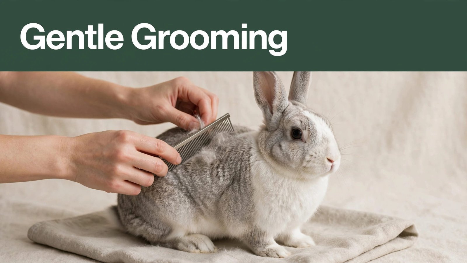 Hands gently comb a small fur tangle from a rabbit resting on a towel.