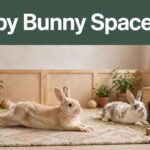 Two rabbits relax on a rug beside a wooden hideout inside a bright exercise pen.