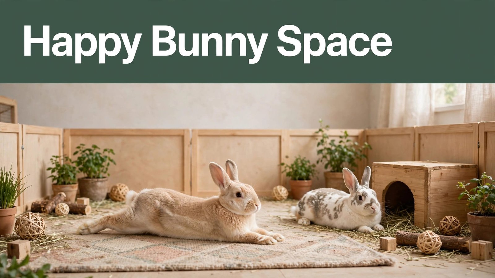 Two rabbits relax on a rug beside a wooden hideout inside a bright exercise pen.