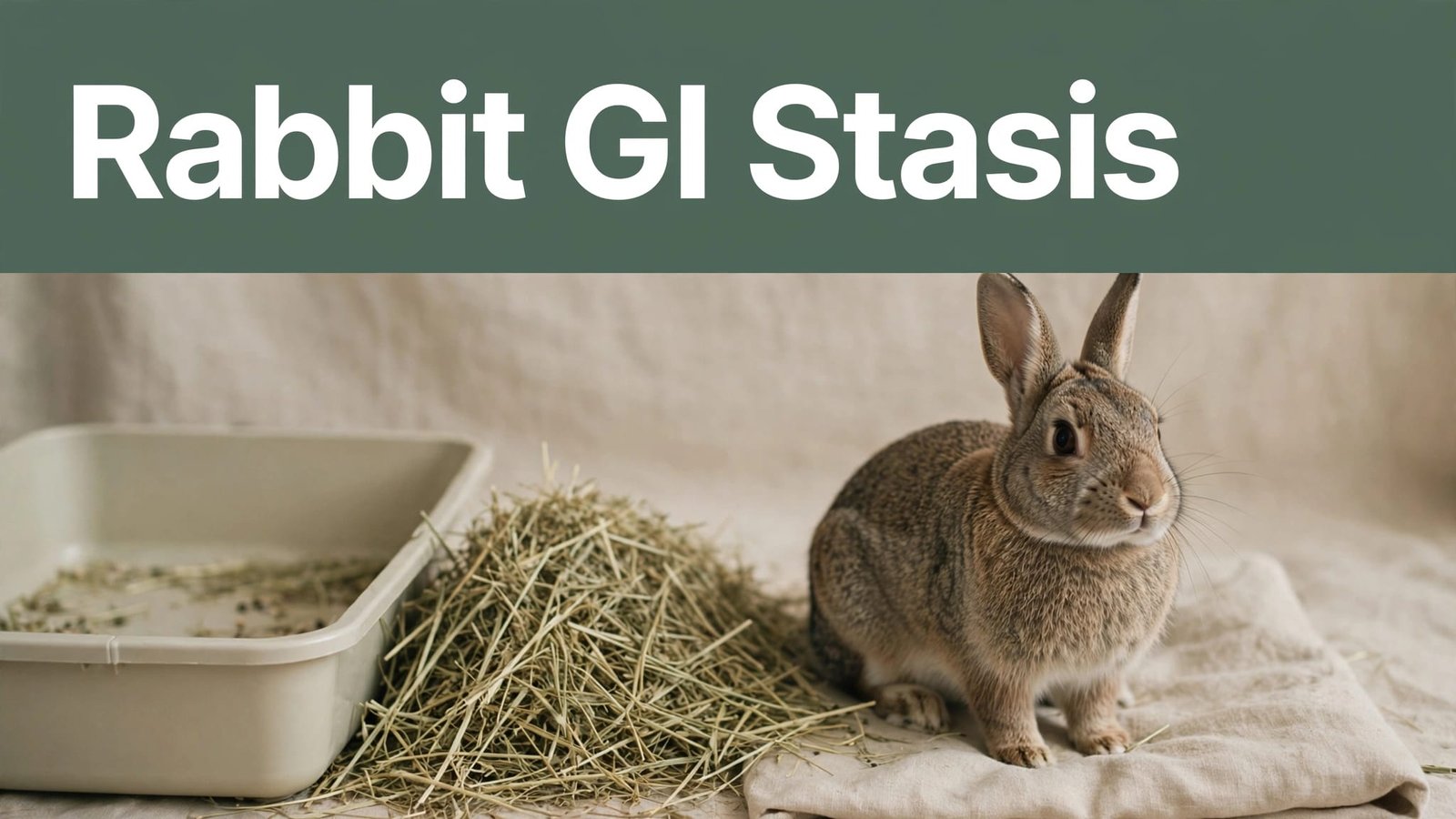 An alert rabbit sits beside grass hay and a nearly empty litter box.