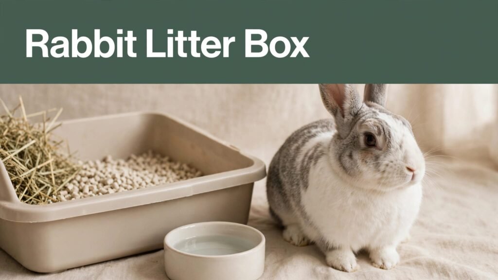 A rabbit beside an open litter box with hay and a water bowl.
