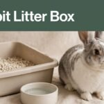 A rabbit beside an open litter box with hay and a water bowl.