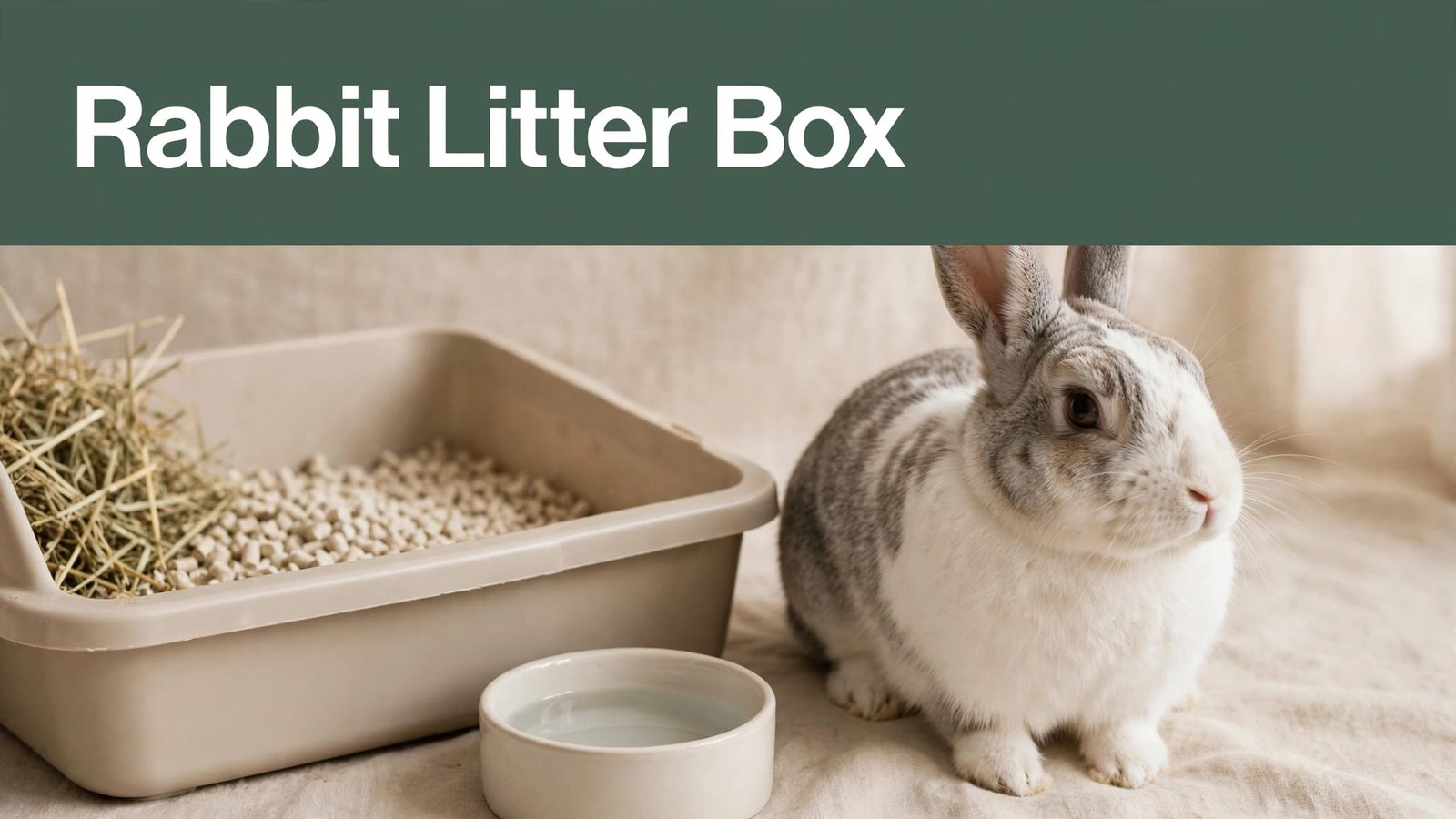 A rabbit beside an open litter box with hay and a water bowl.
