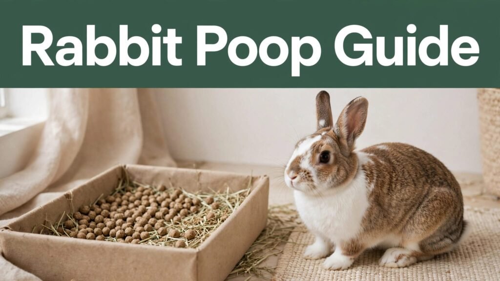 A brown-and-white rabbit sits beside a litter box filled with dry pellets and hay.