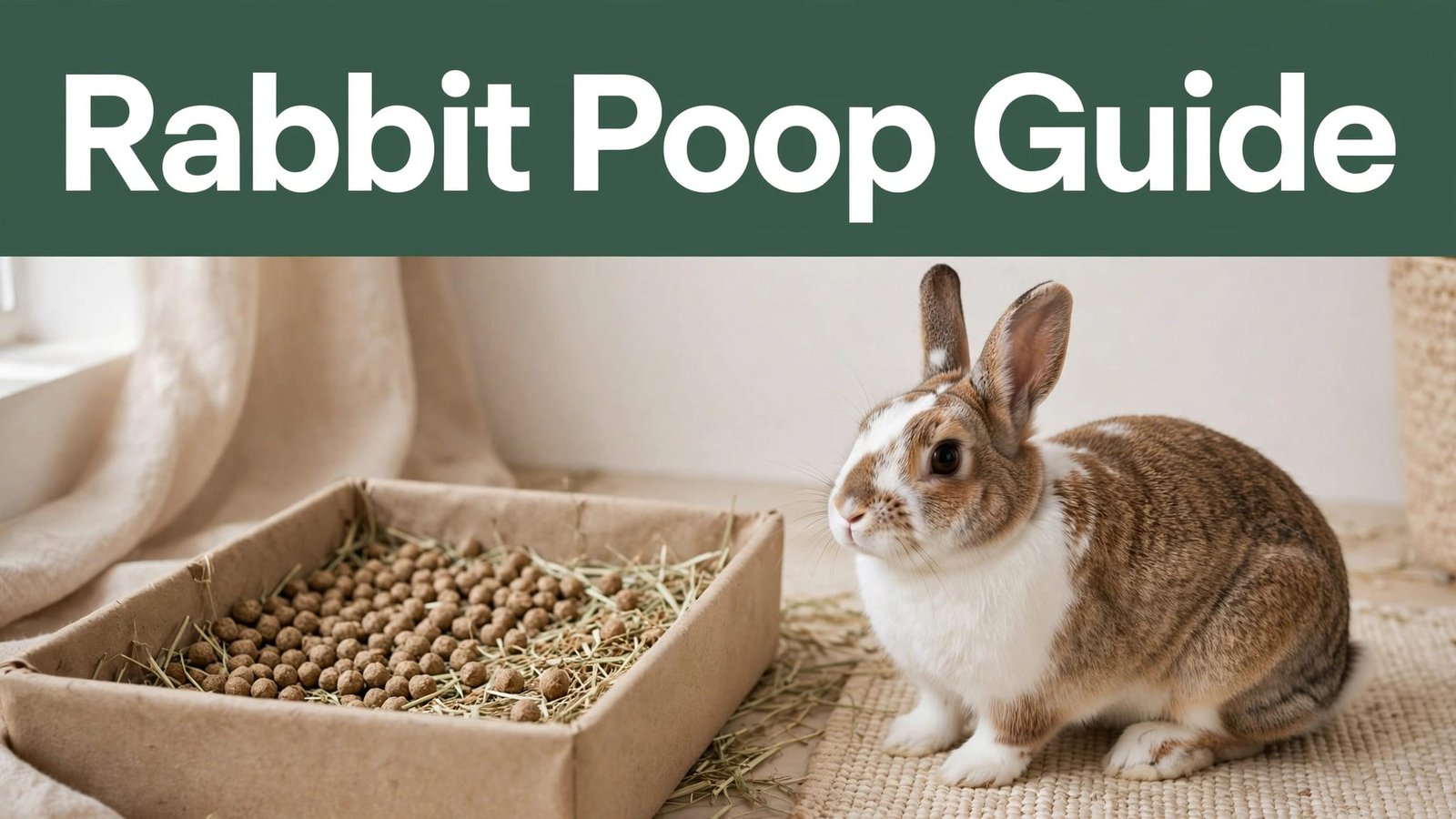 A brown-and-white rabbit sits beside a litter box filled with dry pellets and hay.