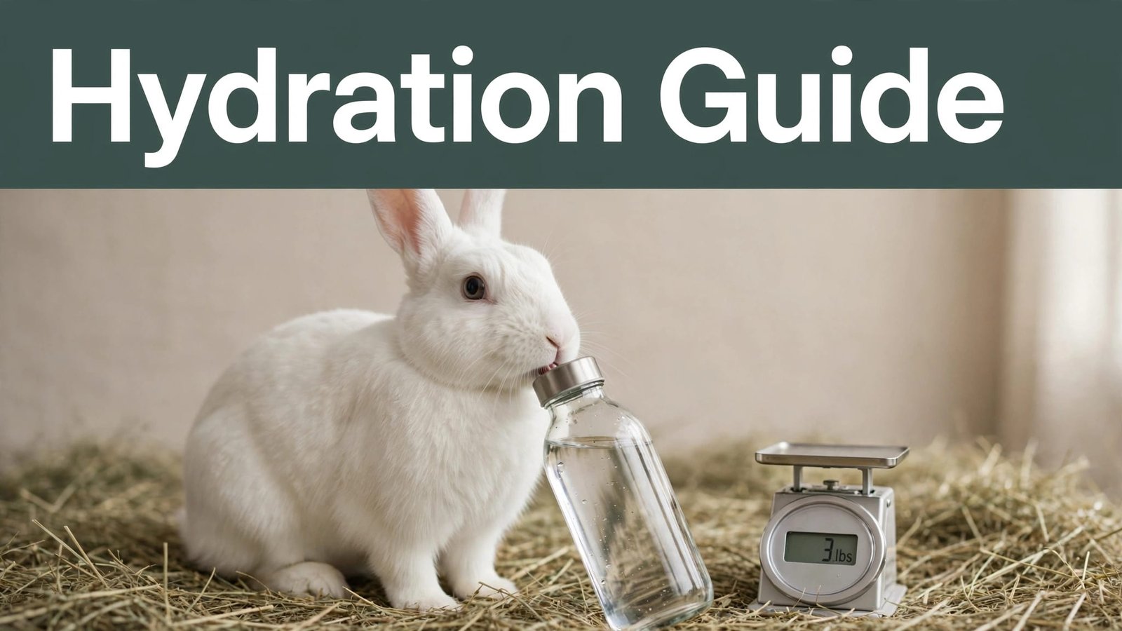 A white rabbit drinks from a glass bottle beside a 3-pound scale.