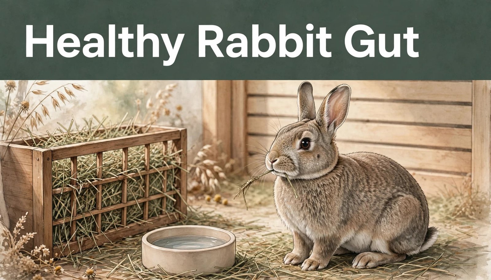 A rabbit eats grass hay beside a hay rack and ceramic water bowl.