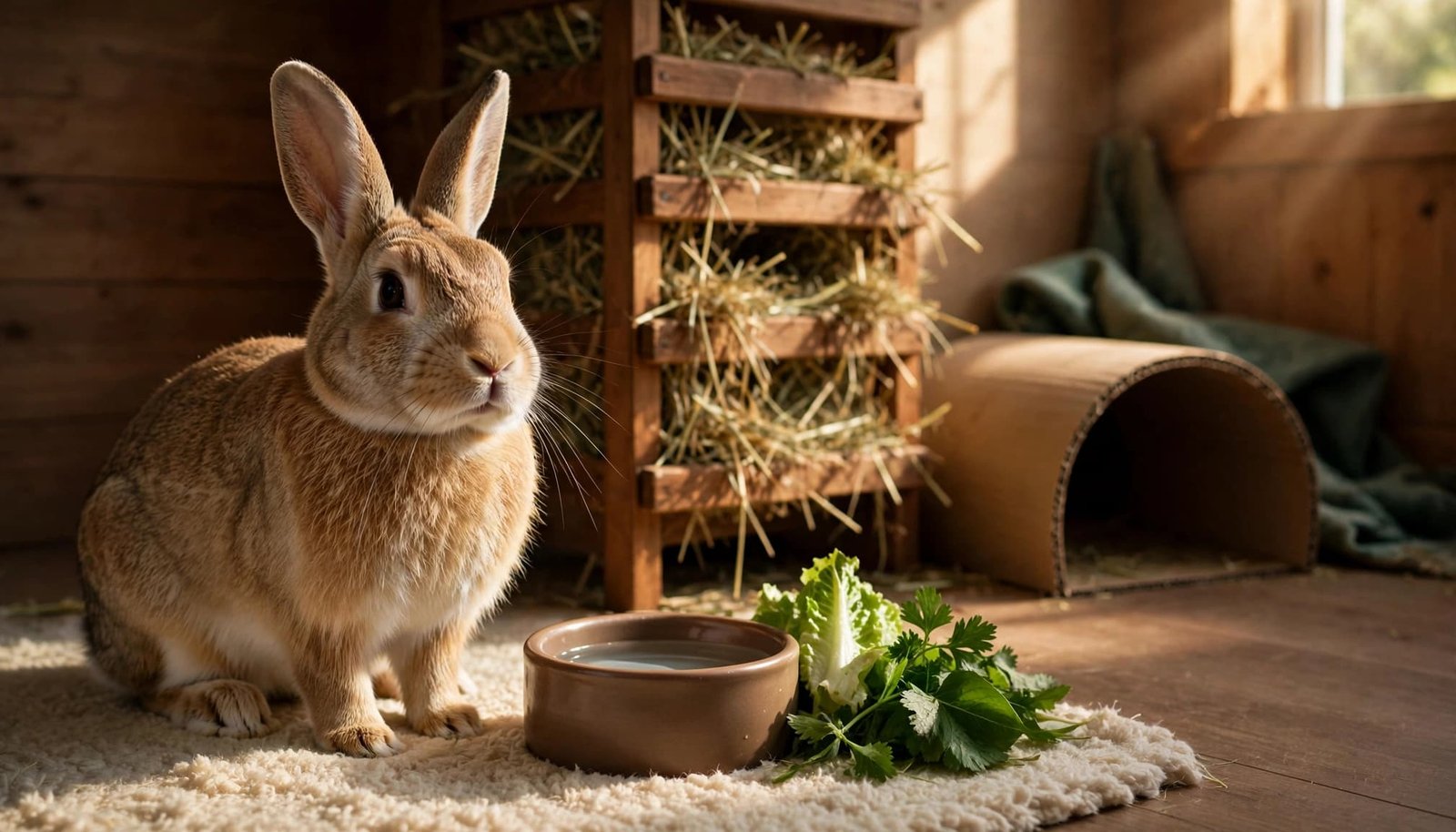 A rabbit beside hay, leafy greens, and a water bowl in an indoor play area.