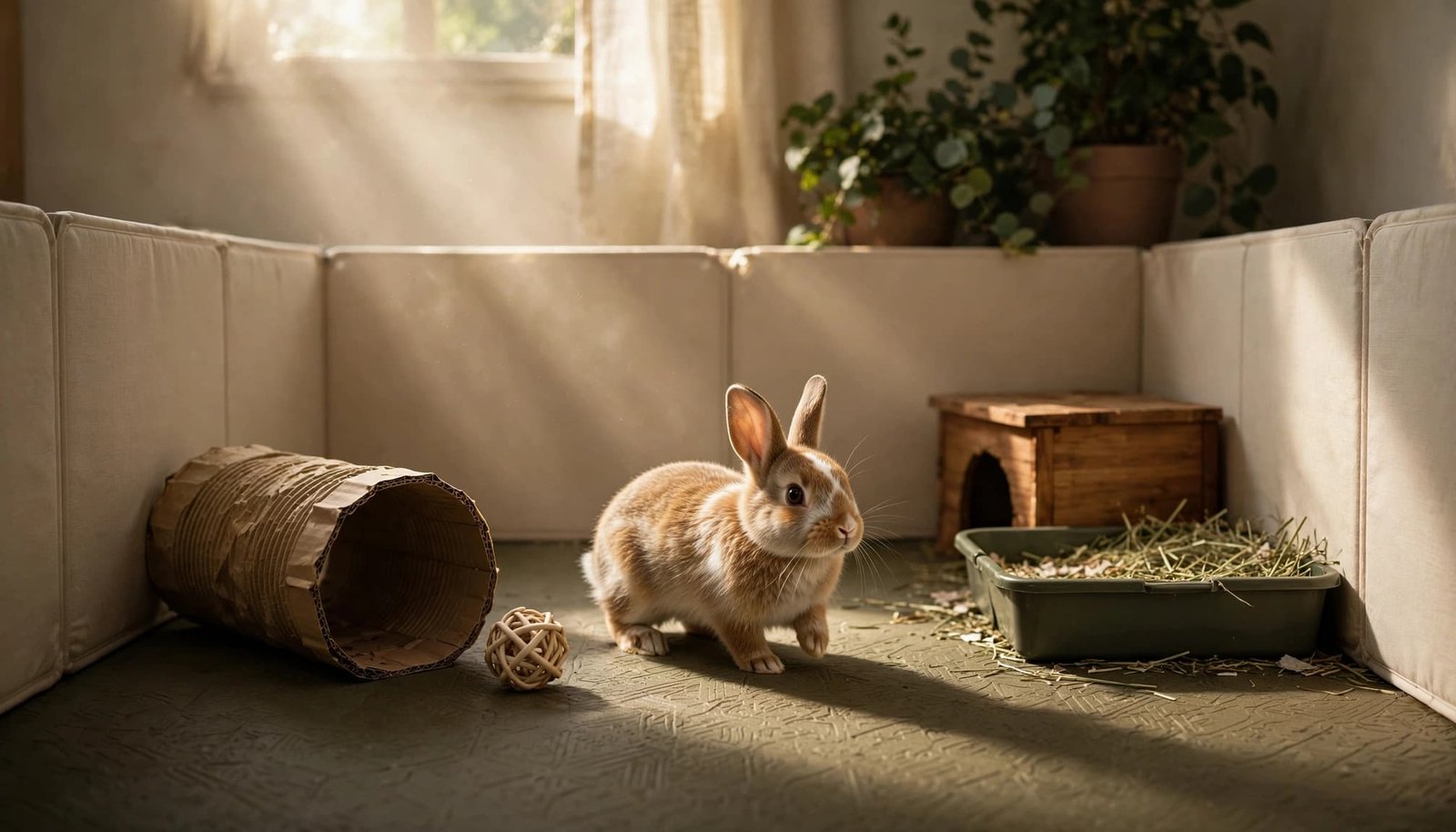 A rabbit explores a play area with a tunnel, chew toy, litter tray, and hideaway box.