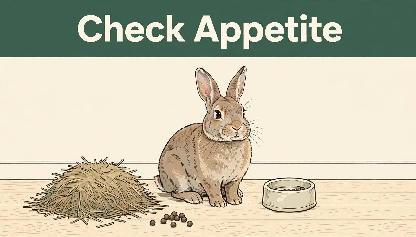 A rabbit beside a food bowl, hay, and a few droppings in a bright enclosure.