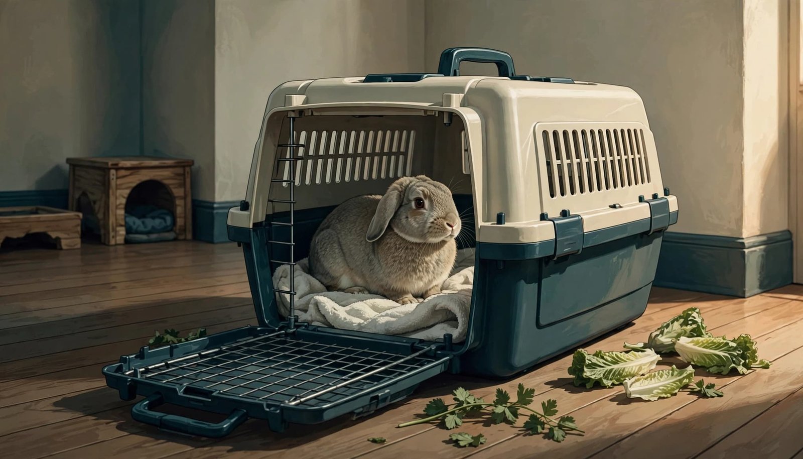 A rabbit rests on a towel inside an open carrier with greens nearby.