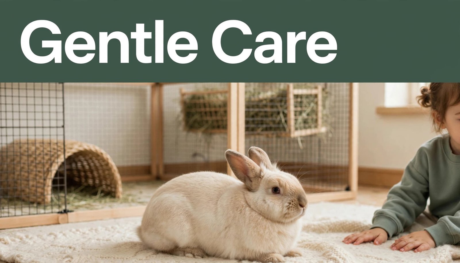A rabbit sits beside a child on a rug in a tidy living room.