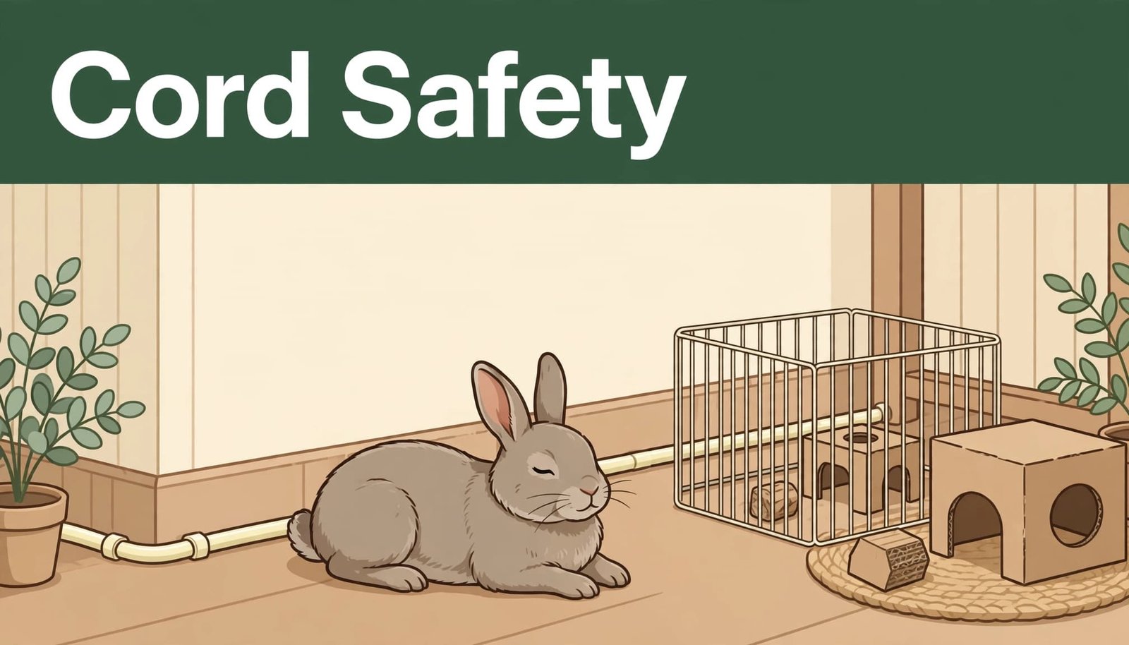 Relaxed rabbit beside a protected cord and small exercise pen in a tidy living room.