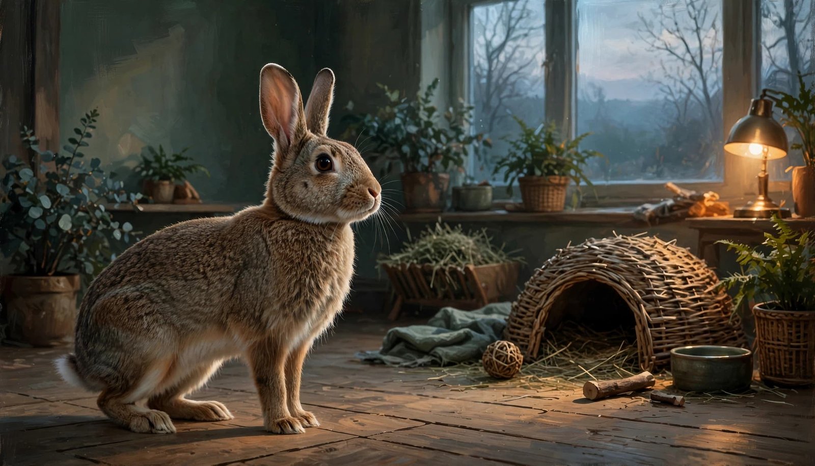 A rabbit stands alert beside a low hideout in a softly lit living room.