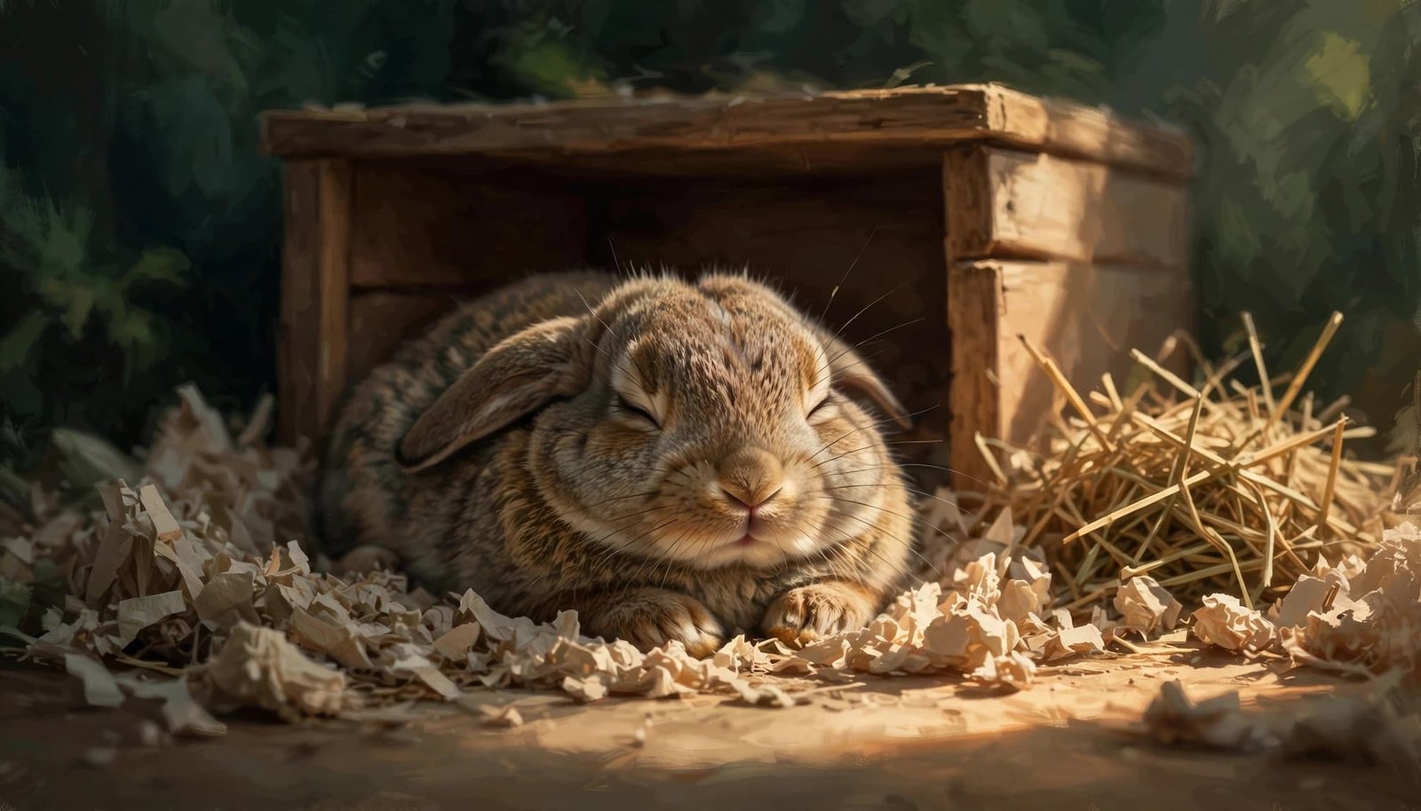 A rabbit rests with closed eyes on bedding beside hay and a wooden hide box.