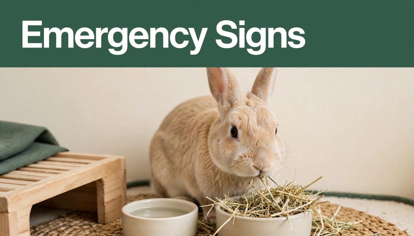 A rabbit eating hay beside a water dish under an Emergency Signs banner.