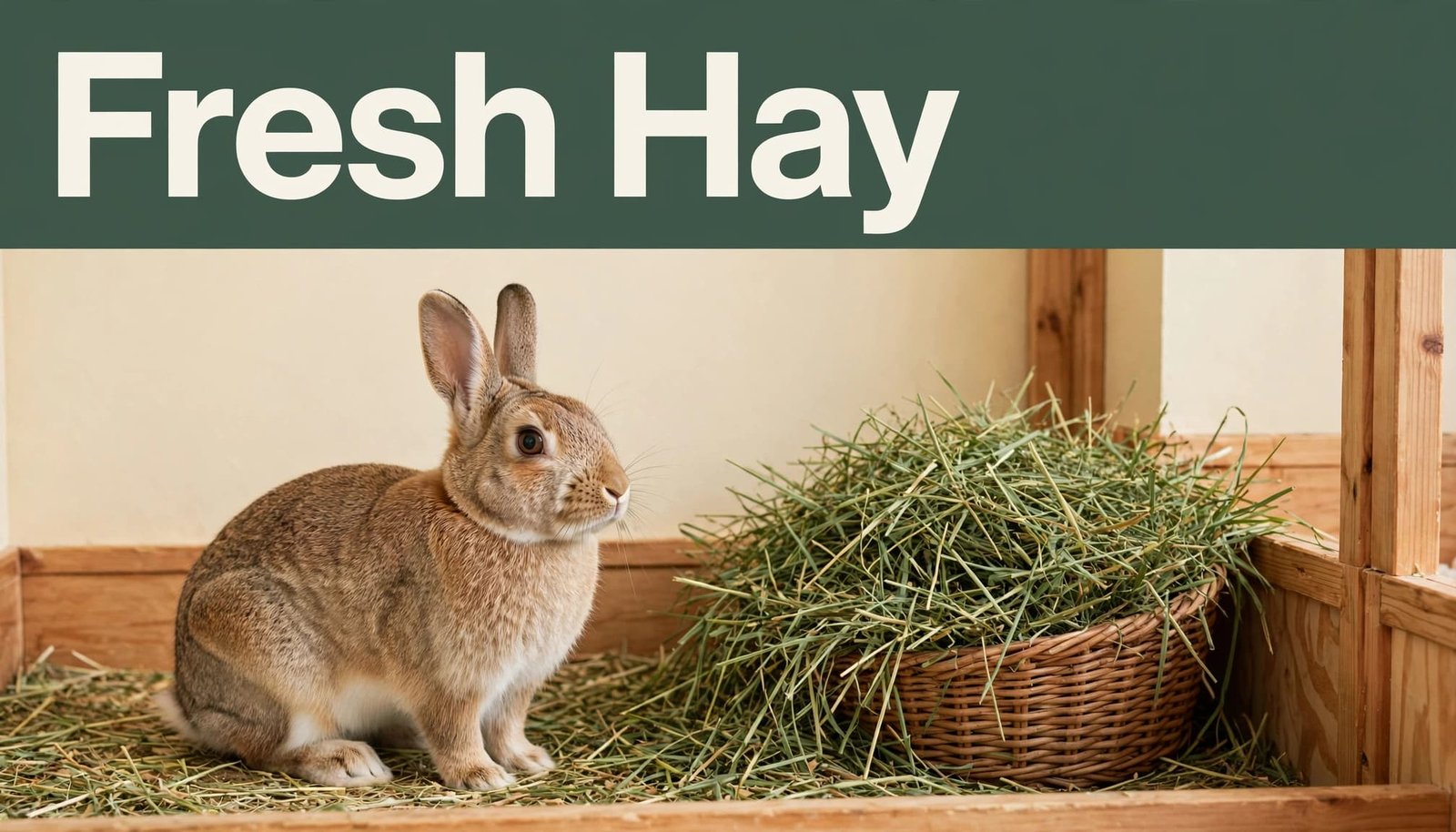 A rabbit sits beside fresh hay in a woven feeder inside a bright indoor enclosure.