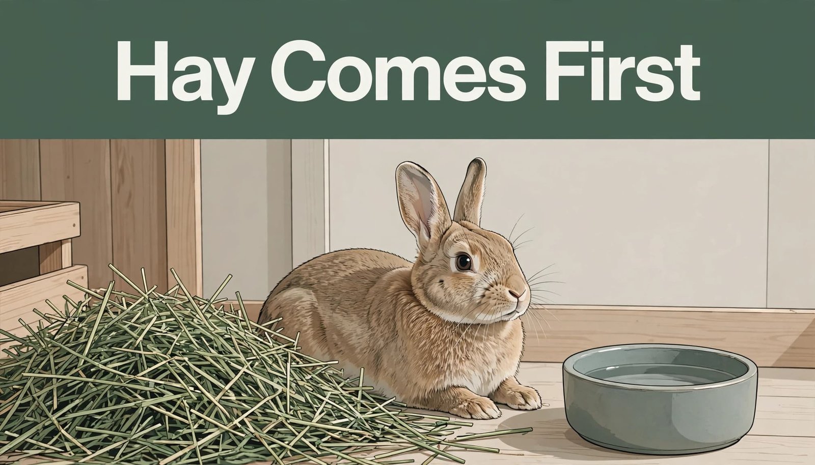 A rabbit beside timothy hay and a ceramic water bowl in a bright indoor habitat.