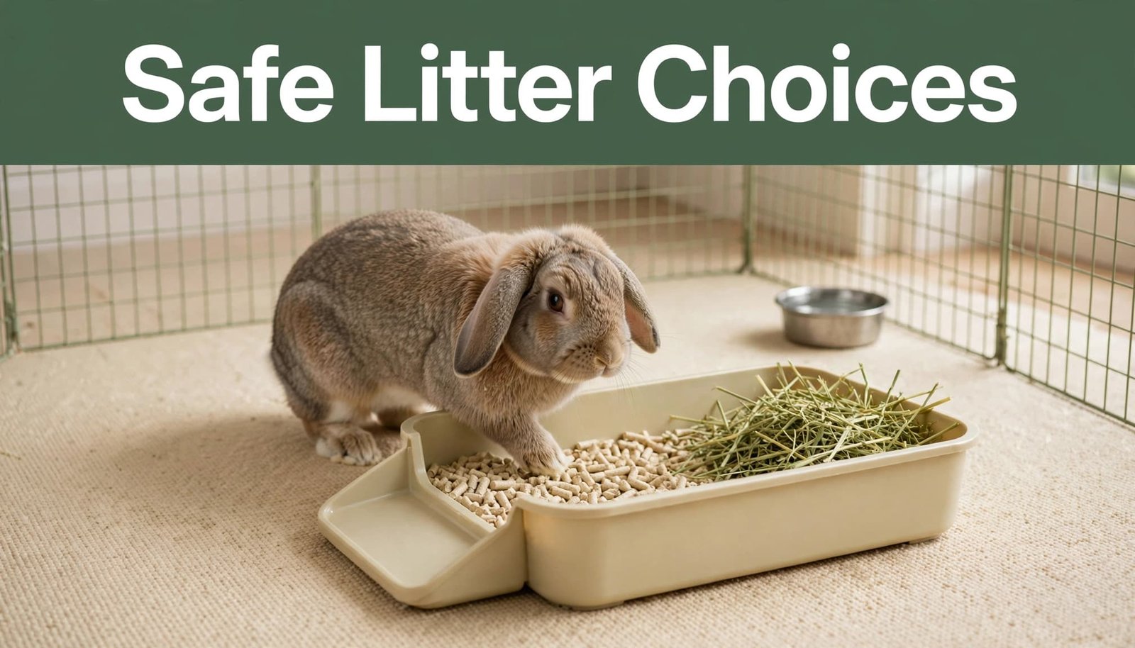 Rabbit approaching a low-entry litter box filled with paper pellets and hay.