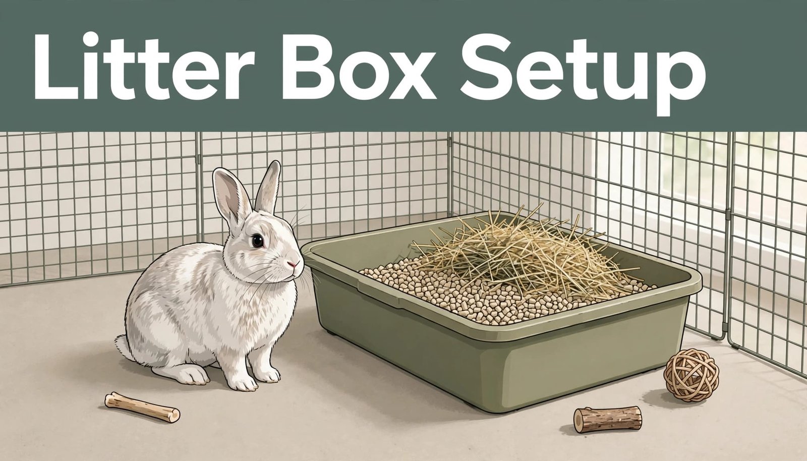Healthy rabbit beside a paper-pellet litter box with hay in a tidy pen.