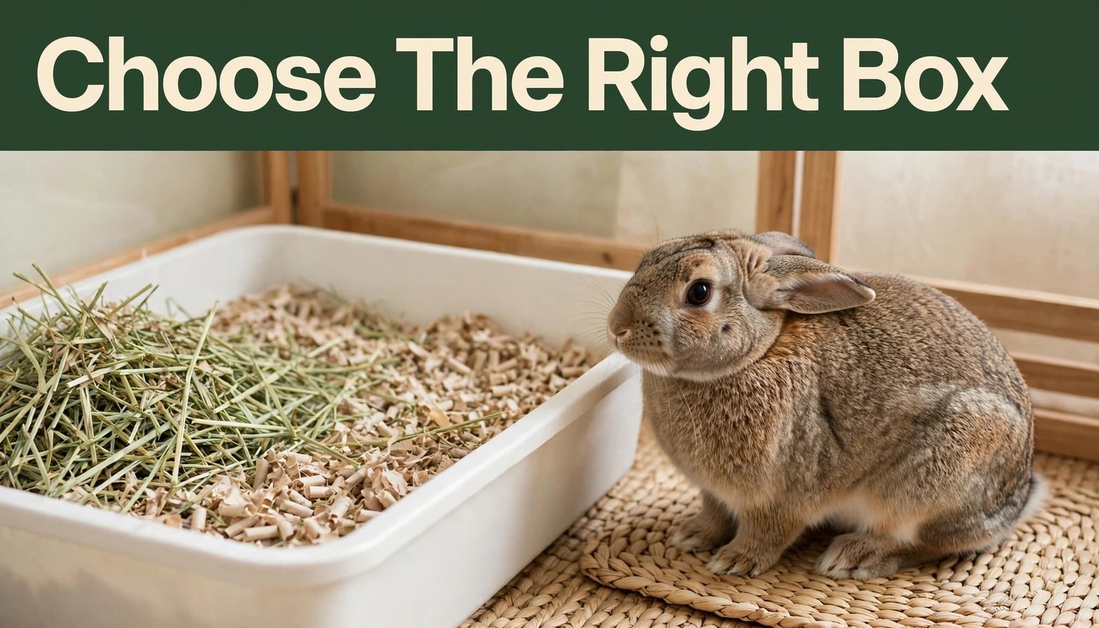 A rabbit beside an open litter box with paper bedding and hay in a tidy indoor pen.