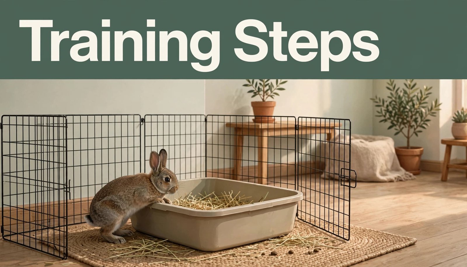 A rabbit entering a hay-filled litter box beside an open exercise pen.