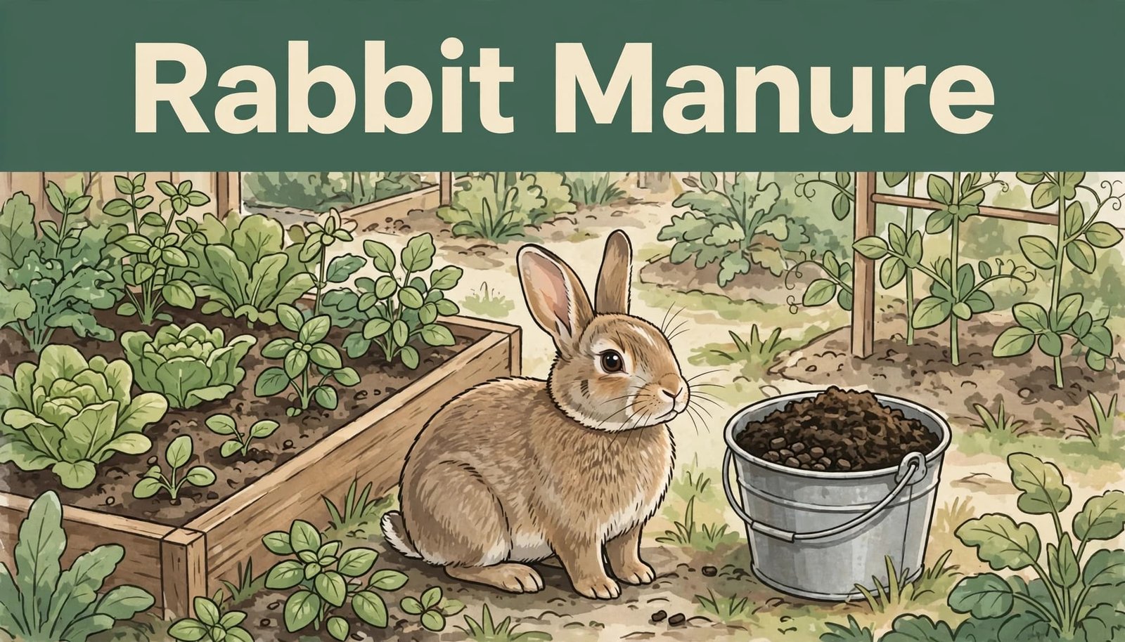 A rabbit beside leafy vegetables, a manure bucket, and finished compost.