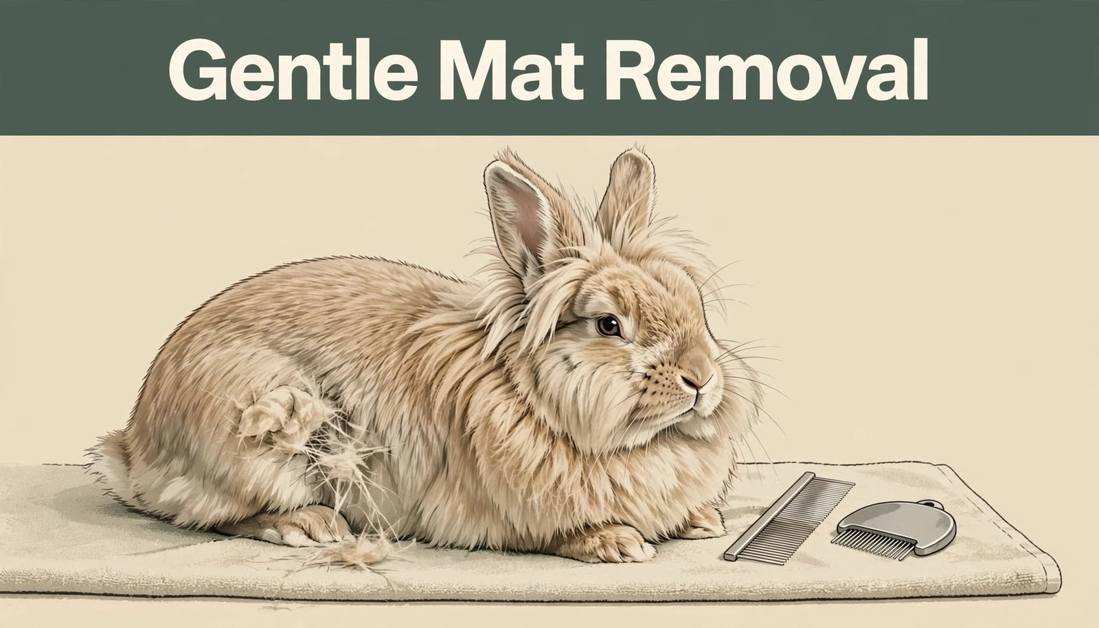Calm Lionhead rabbit on a towel beside a comb and rounded mat splitter.