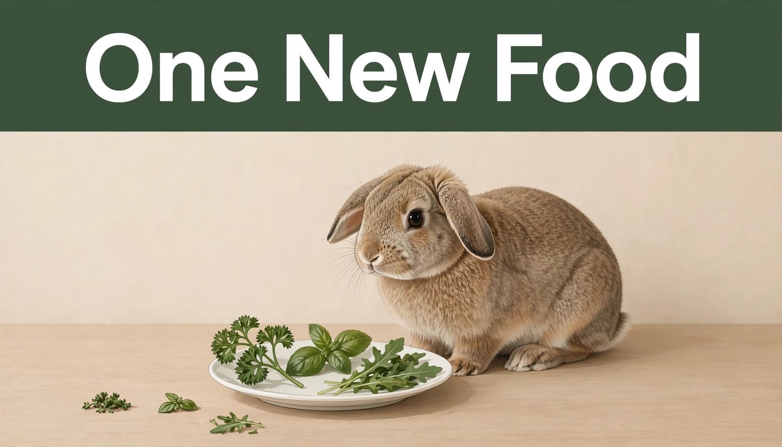 A rabbit beside a plate of separate leafy greens in a clean indoor setting.