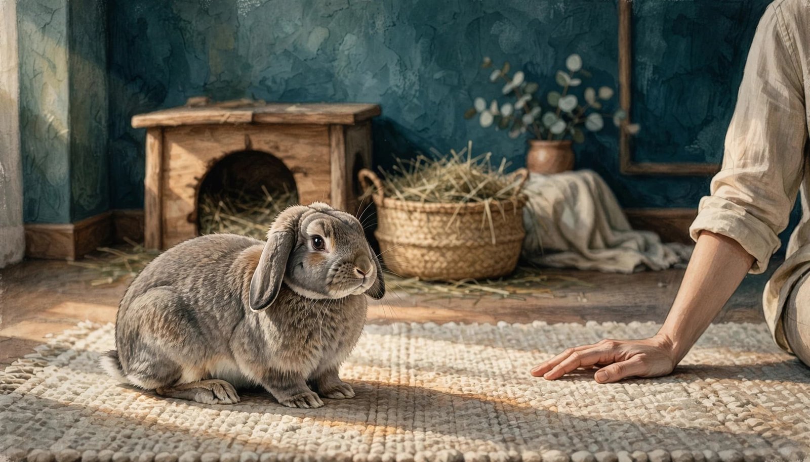 A rabbit sits on a rug near its owner's open hands.